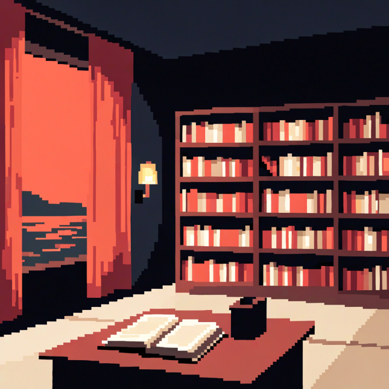 calm pixel art scene of a quiet library reading room at dusk, rows of wooden shelves, a single open book on a desk, soft warm lamplight, no people, no text