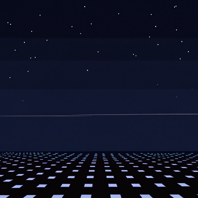 Calm pixel art of a quiet night sky over a small glowing grid of soft blue squares, no people, no text, no letters.